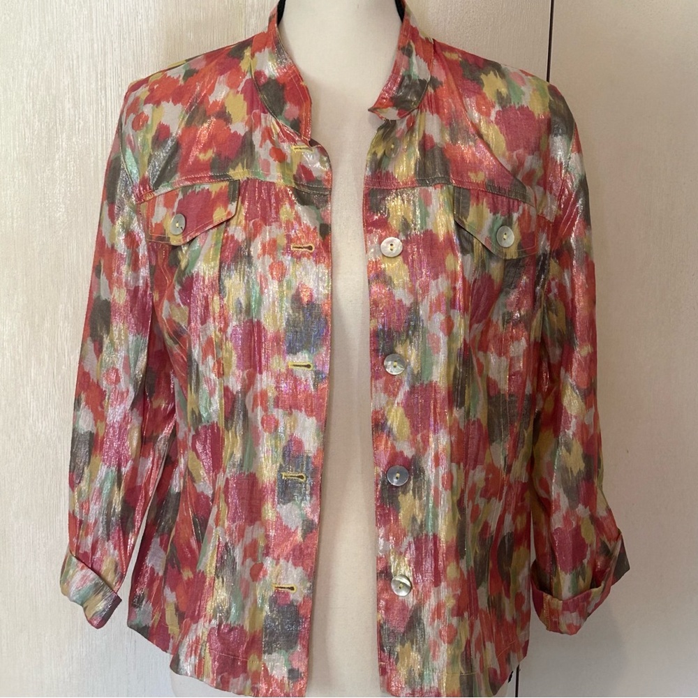 Linear Metallic Print Top Button Down Blouse/Jacket
